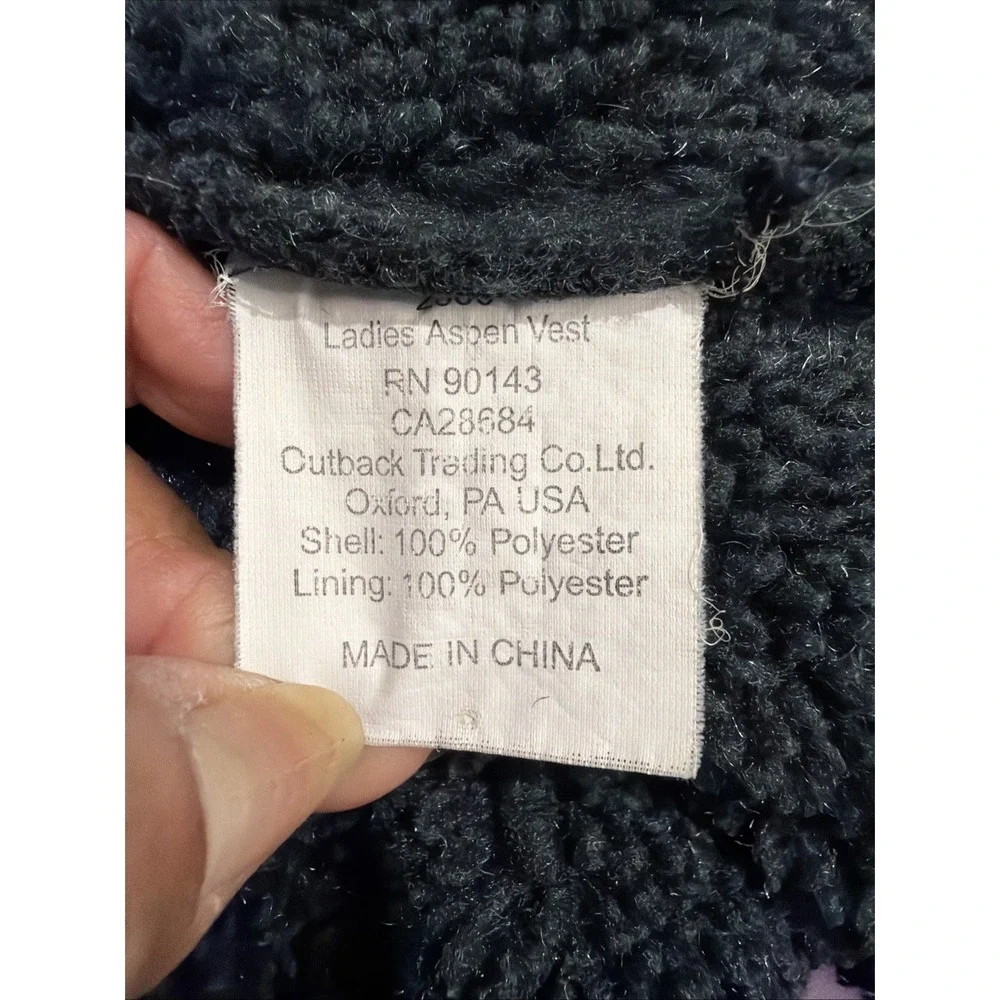 Outback Trading Company Black Gray Shearling Trim Button Vest Women Sleeveless L